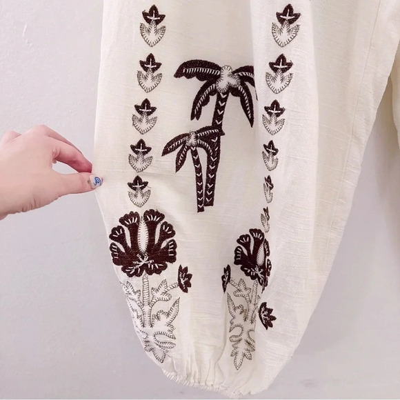 Free People Kai Embroidered Pants Balloon Palm Tree High Waisted Ivory Brown - Picture 3 of 8